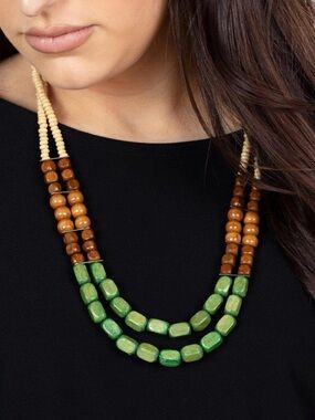 Beachy green and brown wooden bead necklace set